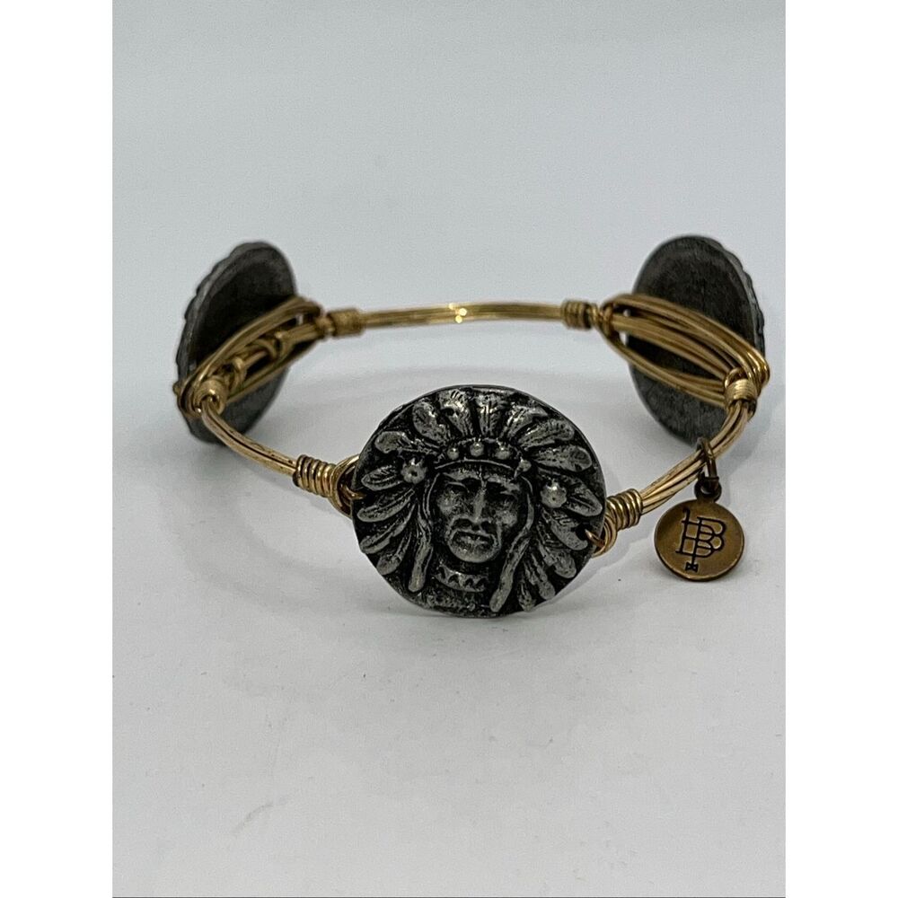 Bourbon and Bowties Pewter Indian Head Gold Plated Wire wrap Bangle Bracelet